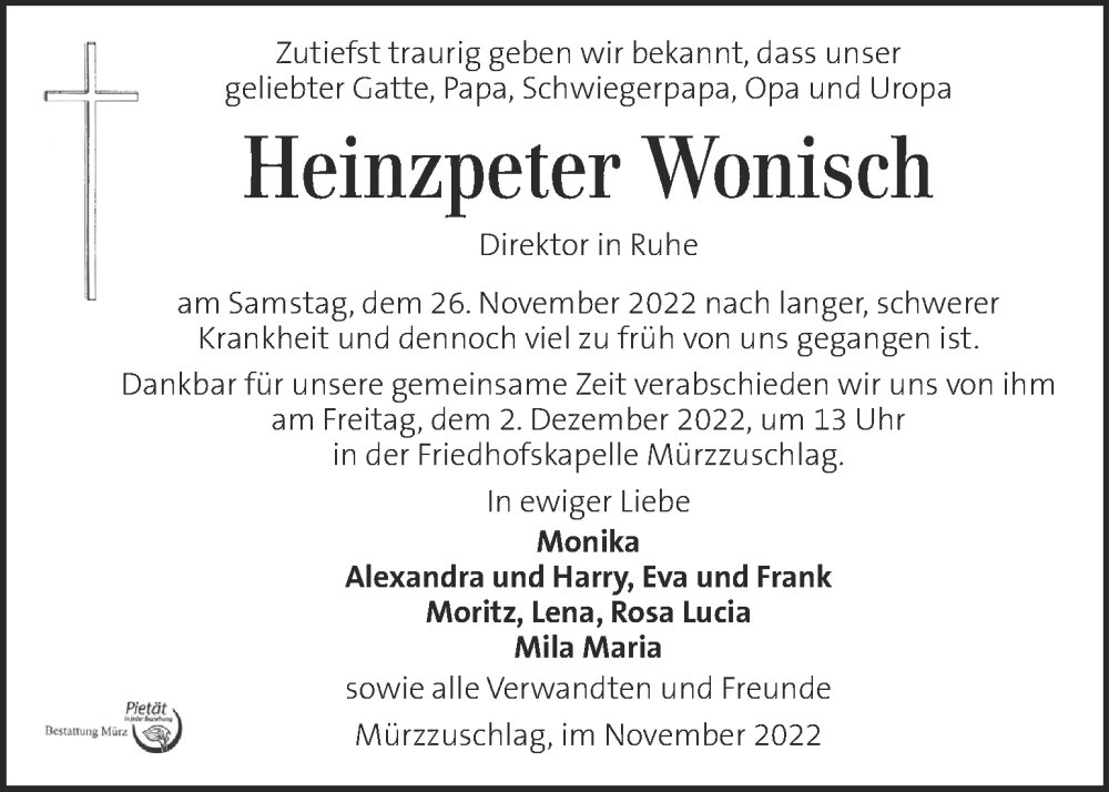  Traueranzeige für Heinzpeter Wonisch vom 01.12.2022 aus Kleine Zeitung