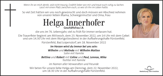 Traueranzeige von Helga Innerhofer von Kleine Zeitung
