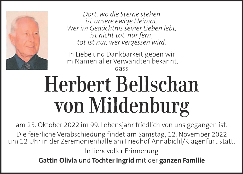  Traueranzeige für Herbert Bellschan von Mildenburg vom 08.11.2022 aus Kleine Zeitung