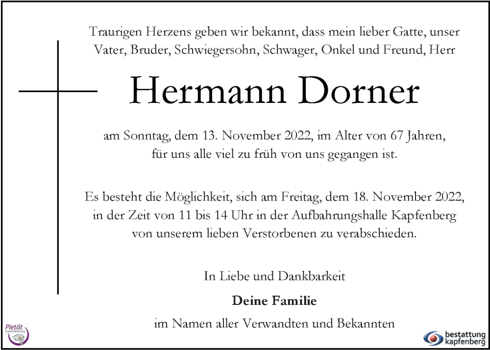  Traueranzeige für Hermann Dorner vom 16.11.2022 aus Kleine Zeitung