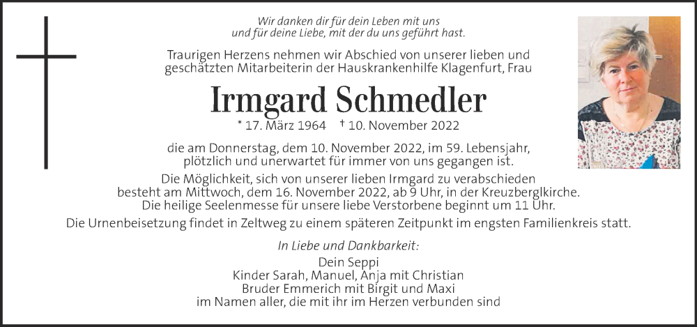  Traueranzeige für Irmgard Schmedler vom 15.11.2022 aus Kleine Zeitung