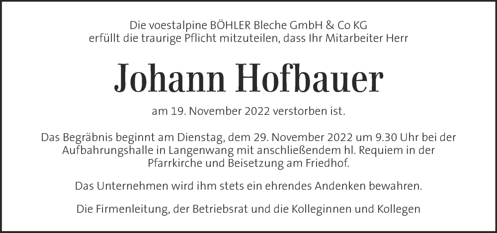  Traueranzeige für Johann Hofbauer vom 24.11.2022 aus Kleine Zeitung
