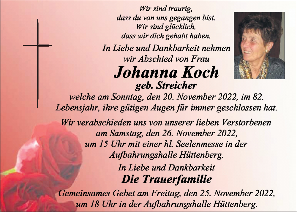  Traueranzeige für Johanna Koch vom 23.11.2022 aus Kleine Zeitung