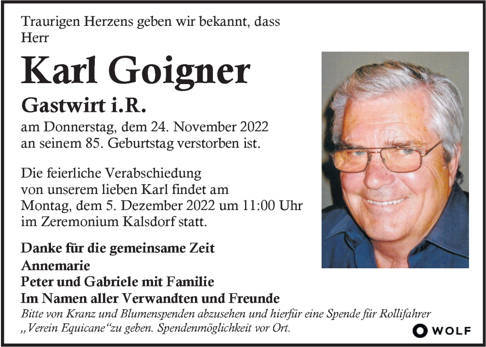  Traueranzeige für Karl Goigner  vom 27.11.2022 aus Kleine Zeitung