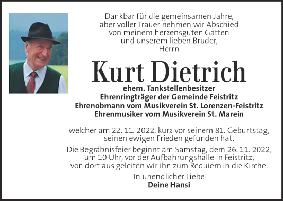 Traueranzeige von Kurt Dietrich  von Kleine Zeitung