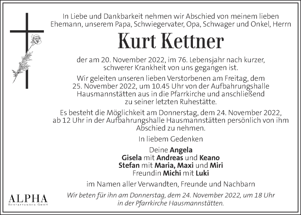  Traueranzeige für Kurt Kettner vom 23.11.2022 aus Kleine Zeitung