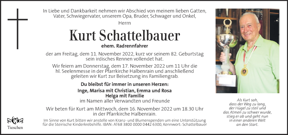  Traueranzeige für Kurt Schattelbauer vom 15.11.2022 aus Kleine Zeitung