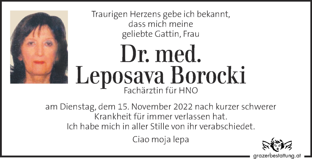  Traueranzeige für Leposava Borocki vom 19.11.2022 aus Kleine Zeitung