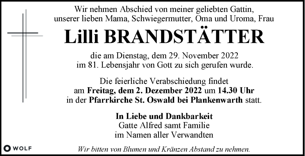  Traueranzeige für Lilli Brandstätter vom 01.12.2022 aus Kleine Zeitung