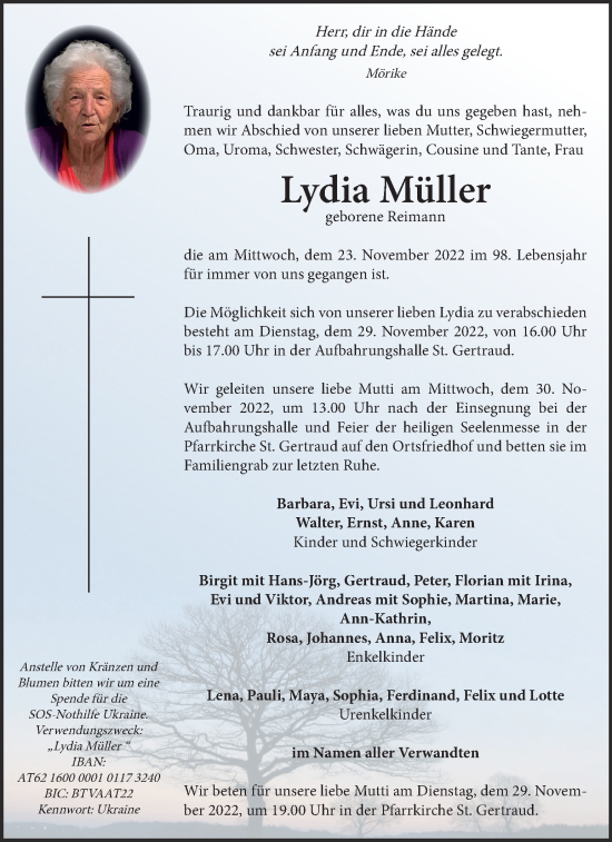 Traueranzeige von Lydia Müller von Kleine Zeitung