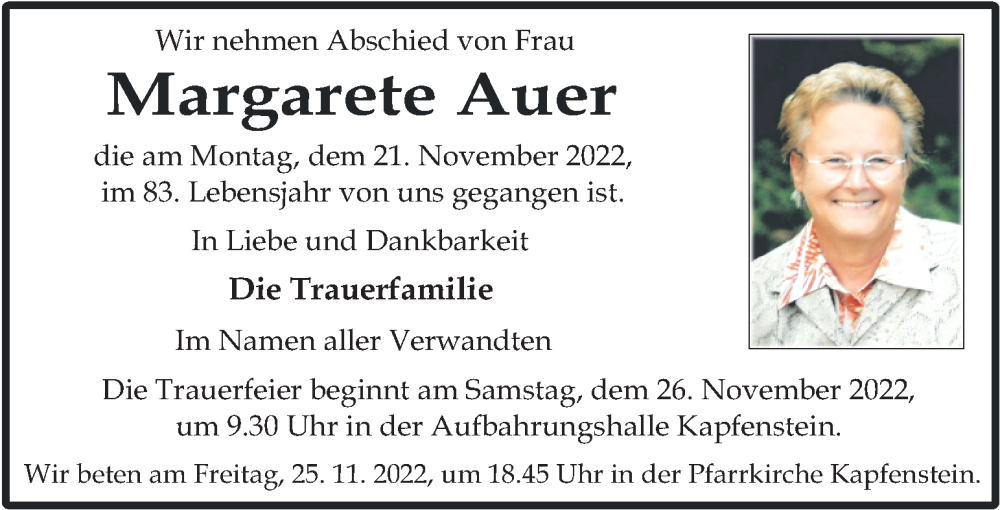  Traueranzeige für Margarete Auer vom 24.11.2022 aus Kleine Zeitung