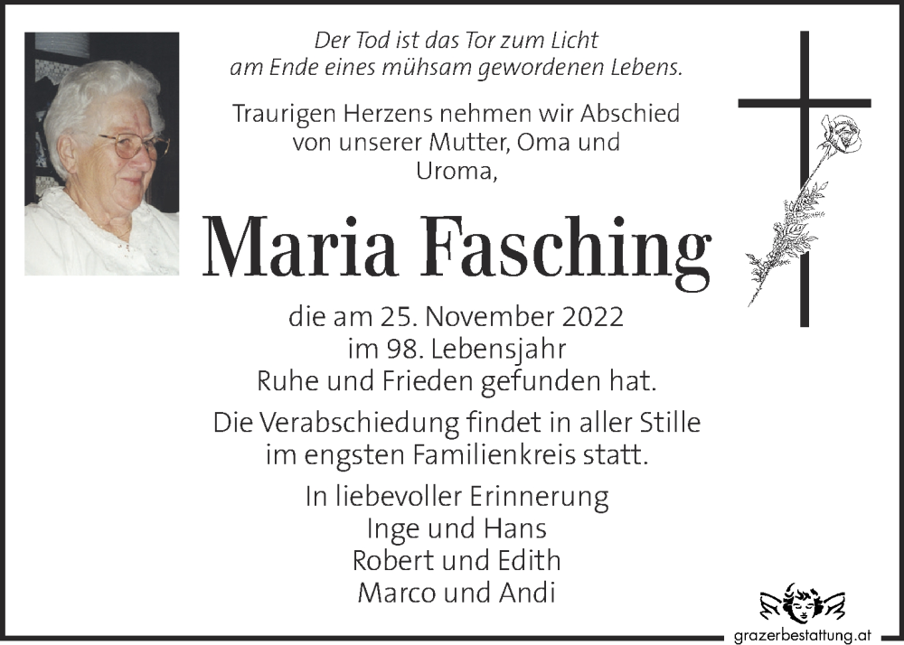  Traueranzeige für Maria Fasching vom 01.12.2022 aus Kleine Zeitung