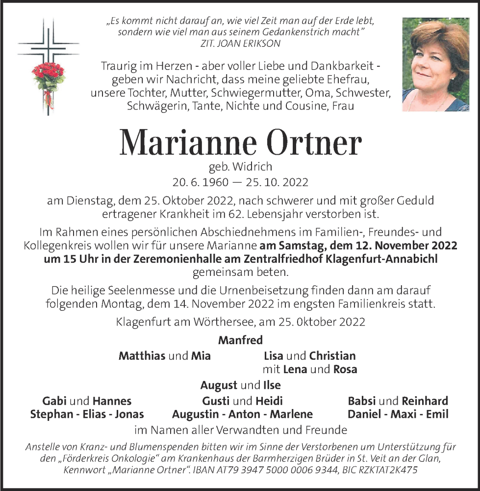  Traueranzeige für Marianne Ortner vom 08.11.2022 aus Kleine Zeitung