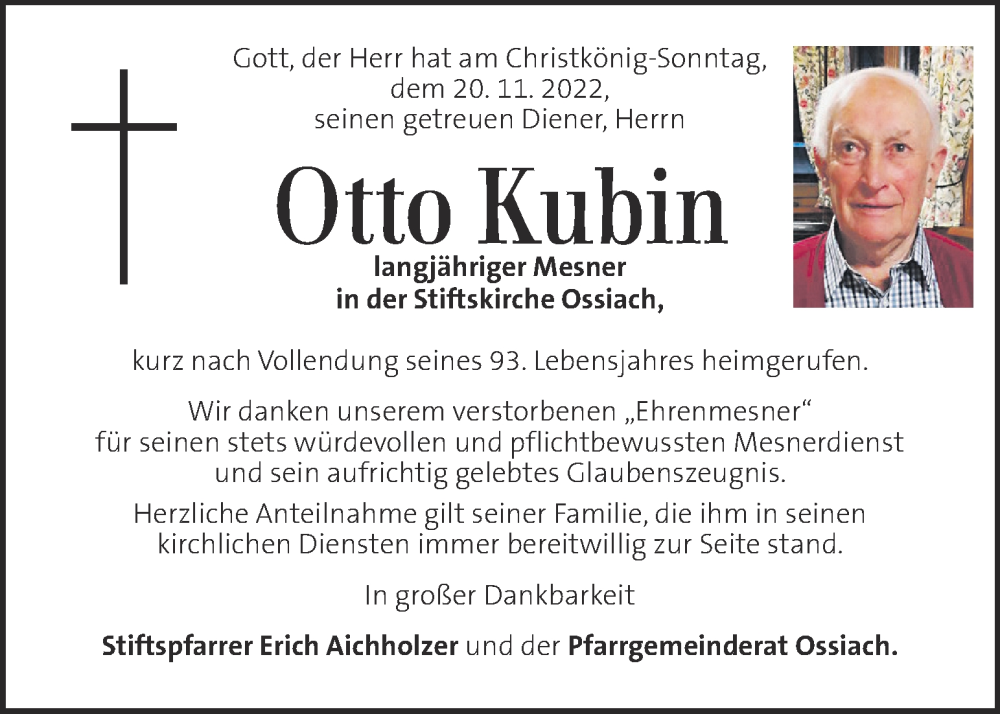 Traueranzeige für Otto Kubin vom 24.11.2022 aus Kleine Zeitung