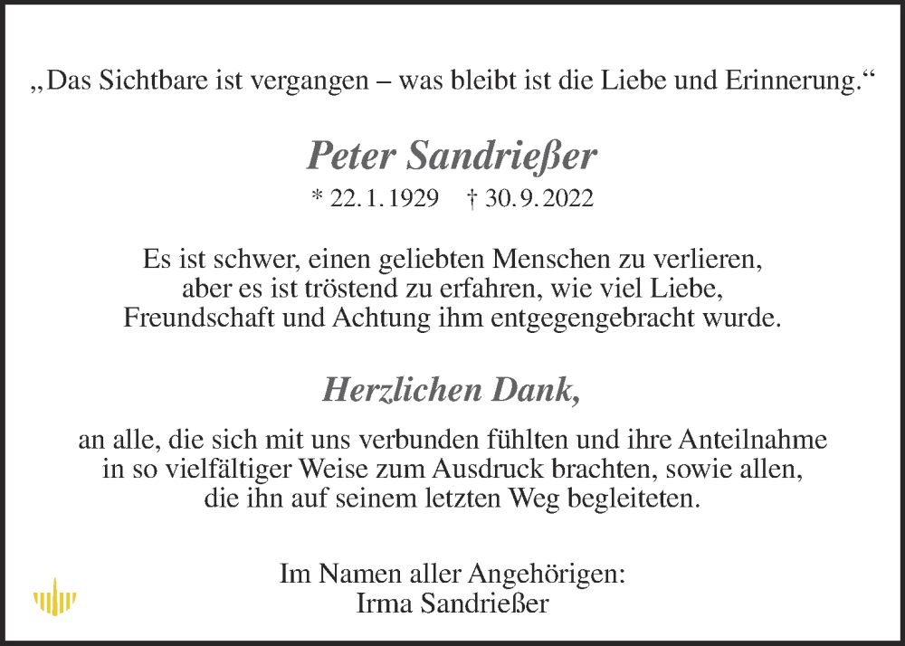  Traueranzeige für Peter Sandrießer vom 05.11.2022 aus Kleine Zeitung