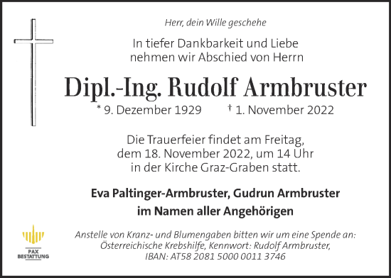Traueranzeige von Rudolf Armbruster von Kleine Zeitung