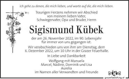 Traueranzeige von Sigismund Kübek von Kleine Zeitung