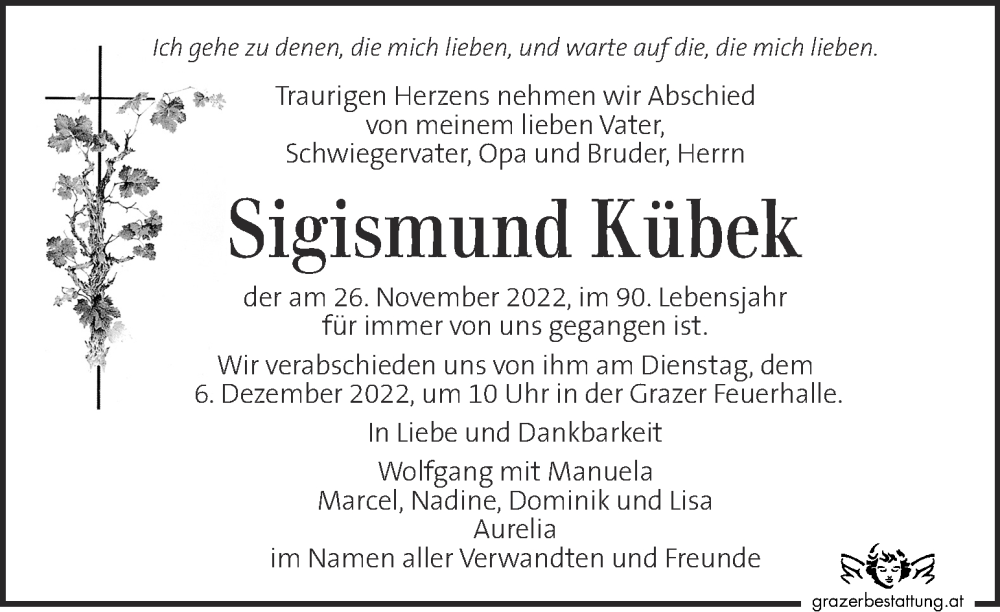  Traueranzeige für Sigismund Kübek vom 01.12.2022 aus Kleine Zeitung