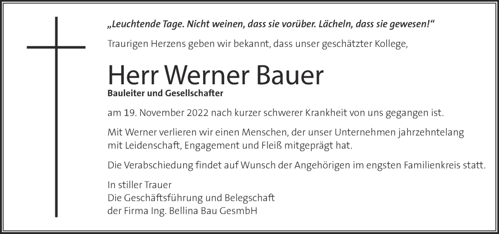  Traueranzeige für Werner Bauer vom 23.11.2022 aus Kleine Zeitung