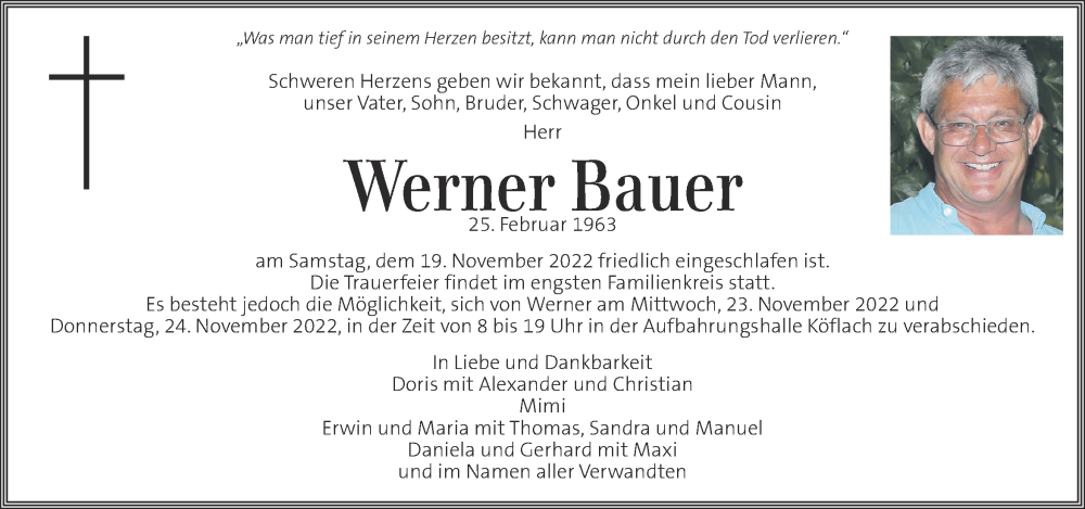 Traueranzeige für Werner Bauer vom 23.11.2022 aus Kleine Zeitung
