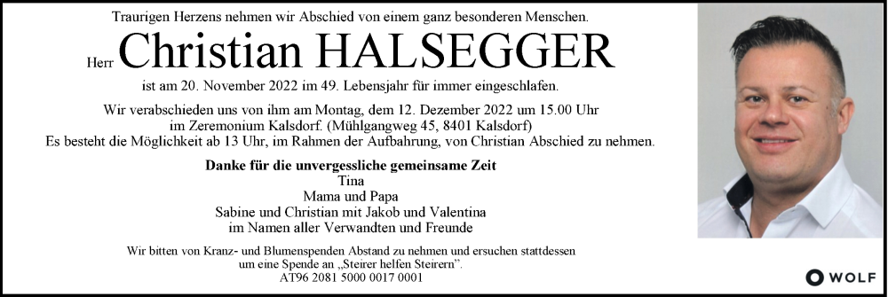  Traueranzeige für Christian Halsegger vom 08.12.2022 aus Kleine Zeitung