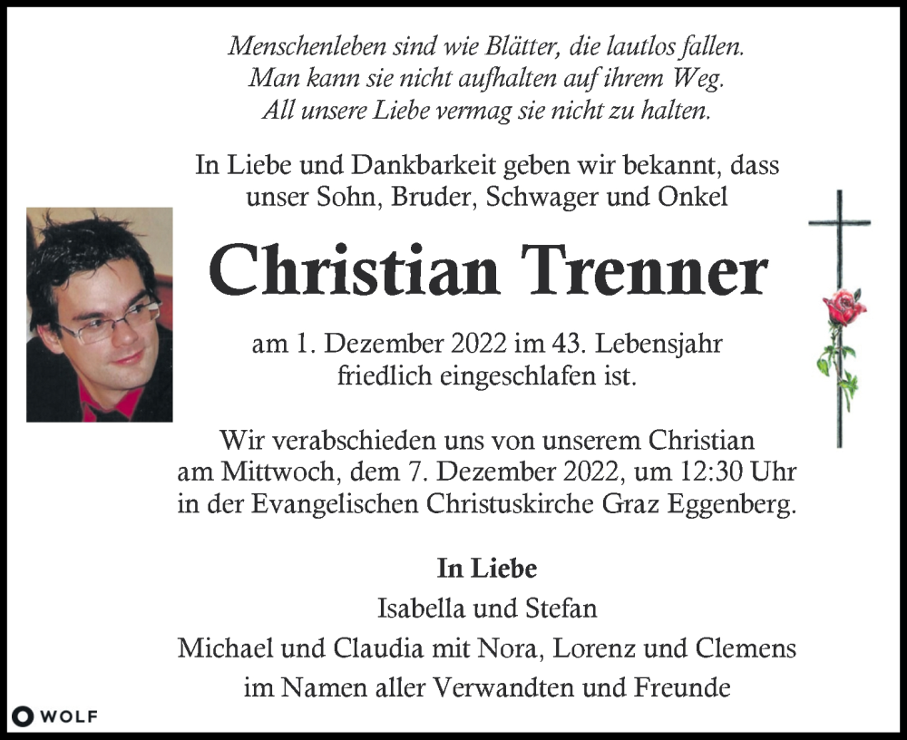 Traueranzeige für Christian Trenner vom 03.12.2022 aus Kleine Zeitung