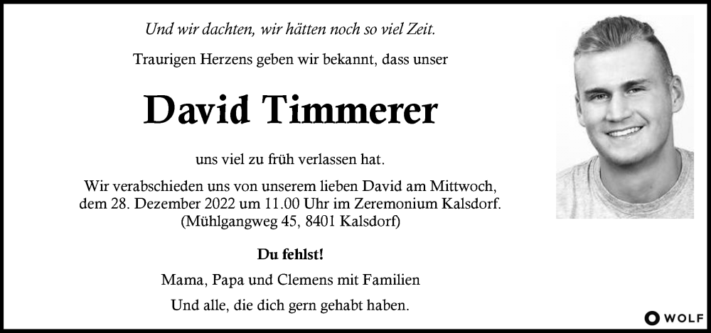  Traueranzeige für David Timmerer vom 23.12.2022 aus Kleine Zeitung