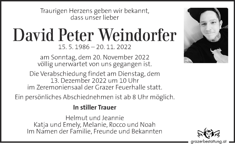  Traueranzeige für David Peter Weindorfer vom 08.12.2022 aus Kleine Zeitung
