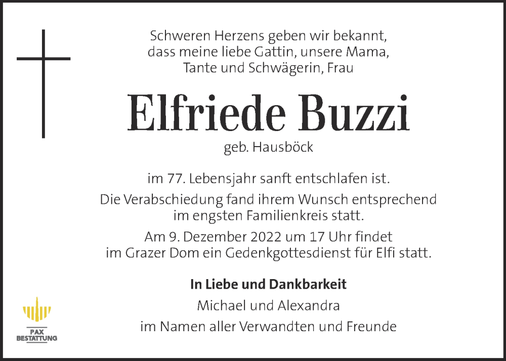  Traueranzeige für Elfriede Buzzi vom 08.12.2022 aus Kleine Zeitung