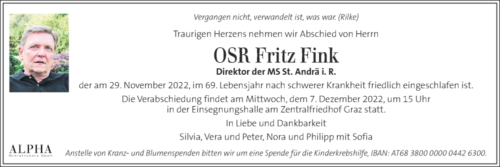  Traueranzeige für Fritz Fink vom 03.12.2022 aus Kleine Zeitung