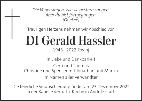 Traueranzeige von Gerald Hassler von Kleine Zeitung