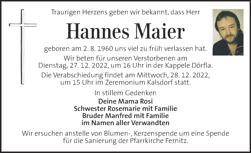  Traueranzeige für Hannes Maier vom 25.12.2022 aus Kleine Zeitung