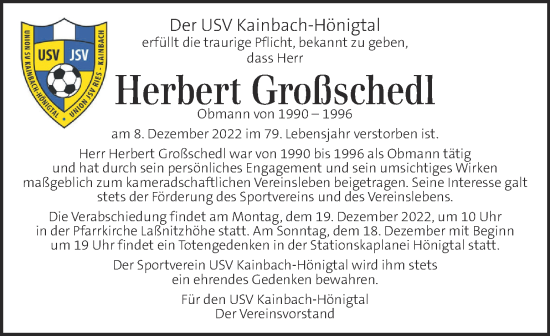 Traueranzeige von Herbert Großschedl von Kleine Zeitung