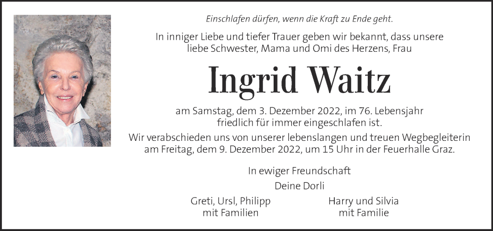  Traueranzeige für Ingrid Waitz vom 07.12.2022 aus Kleine Zeitung
