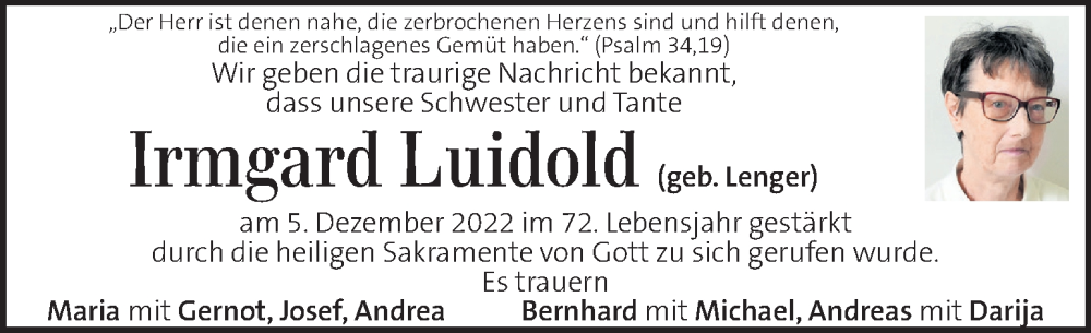  Traueranzeige für Irmgard Luidold vom 08.12.2022 aus Kleine Zeitung