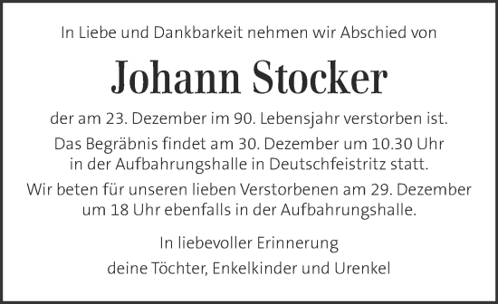 Traueranzeige von Johann Stocker von Kleine Zeitung