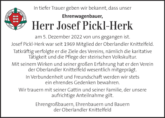 Traueranzeige von Josef Pickl-Herk von Kleine Zeitung