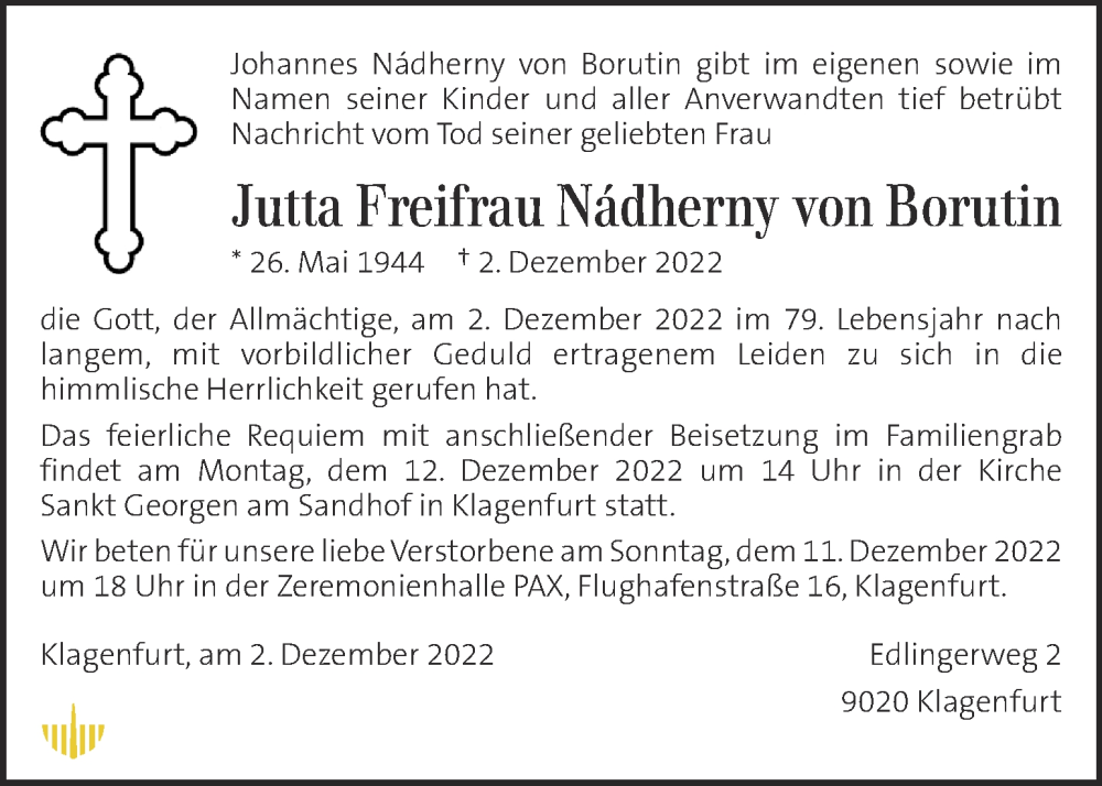  Traueranzeige für Jutta Freifrau Nádherny von Borutin vom 08.12.2022 aus Kleine Zeitung