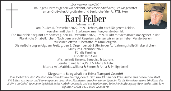 Traueranzeige von Karl Felber von Kleine Zeitung