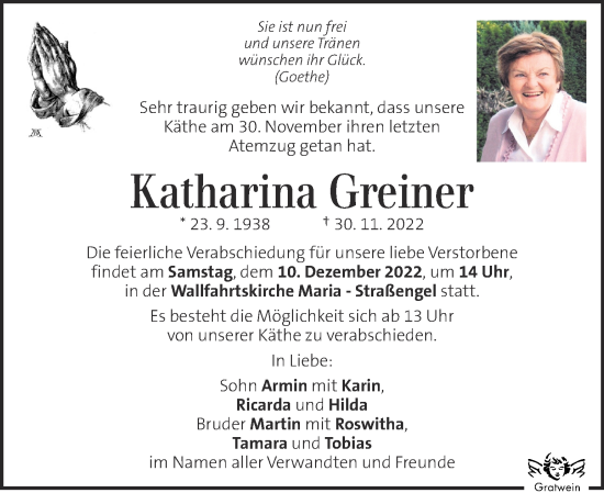 Traueranzeige von Katharina Greiner von Kleine Zeitung