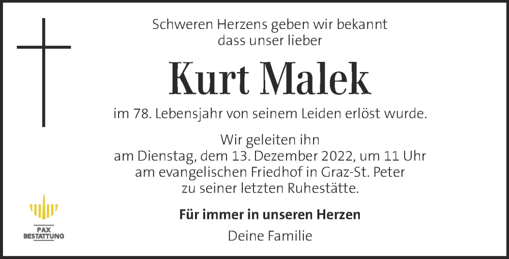  Traueranzeige für Kurt Malek vom 08.12.2022 aus Kleine Zeitung