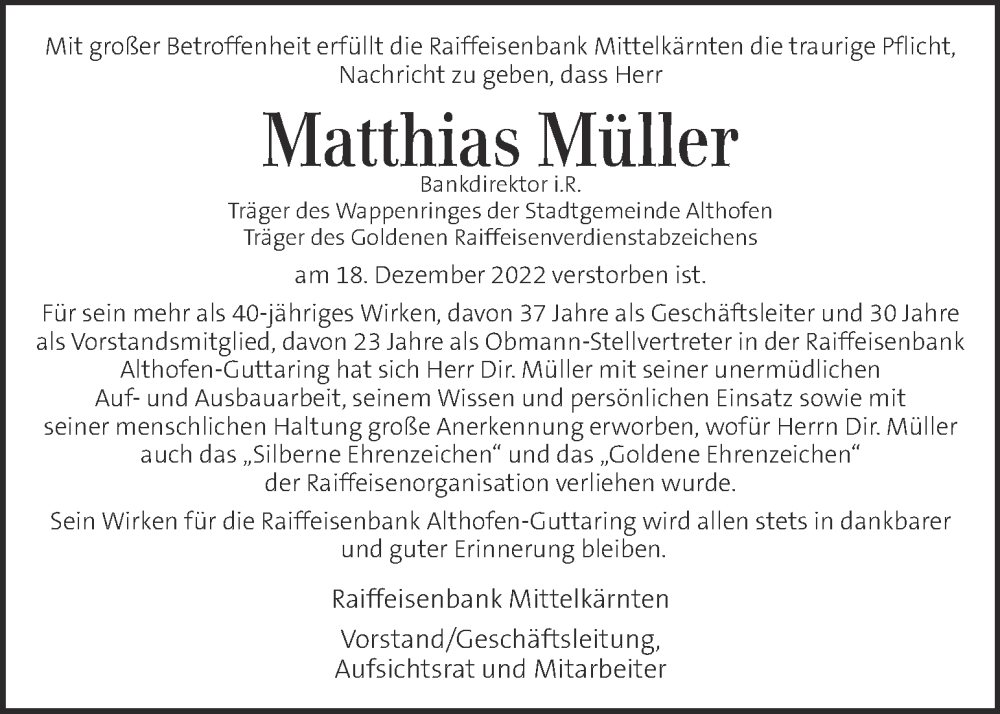 Traueranzeige für Matthias Müller vom 22.12.2022 aus Kleine Zeitung