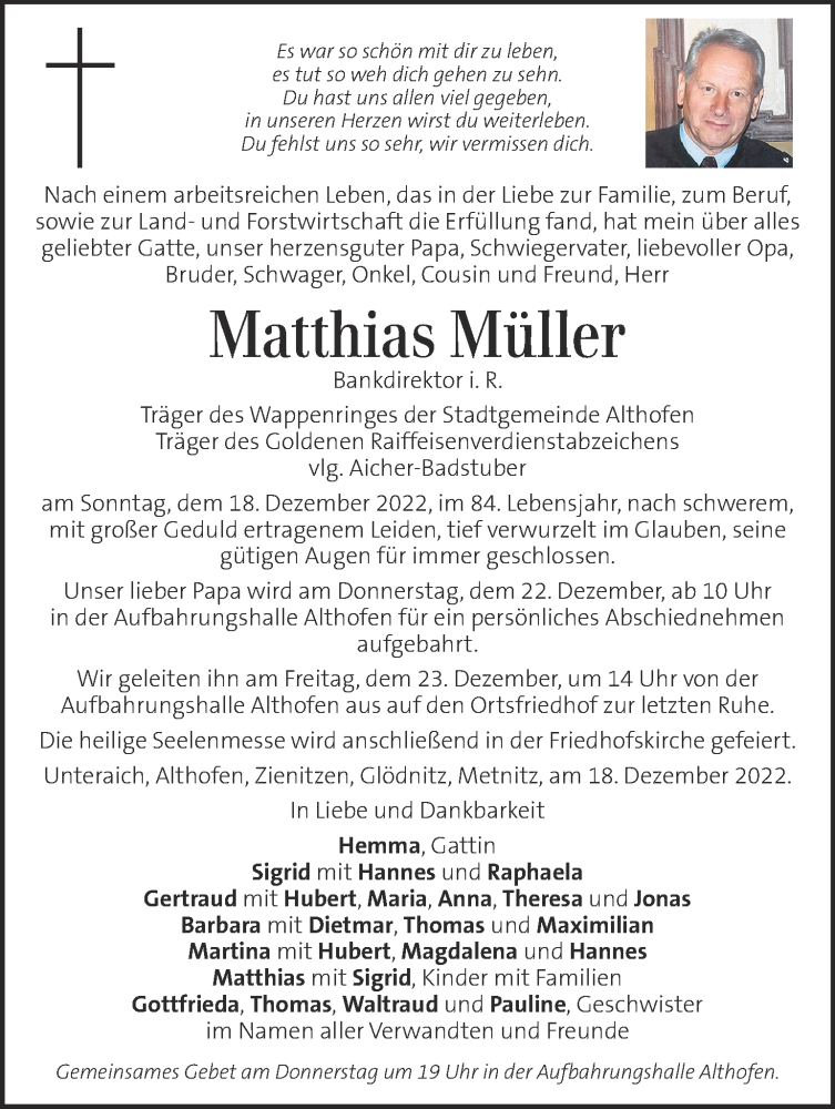  Traueranzeige für Matthias Müller vom 21.12.2022 aus Kleine Zeitung