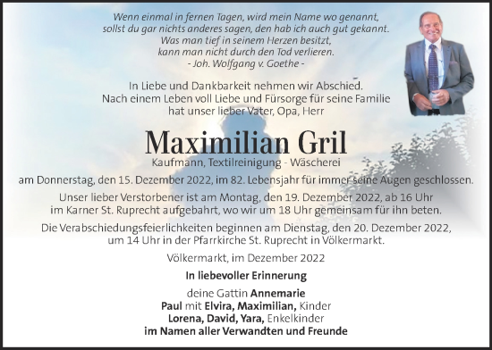 Traueranzeige von Maximilian Gril von Kleine Zeitung
