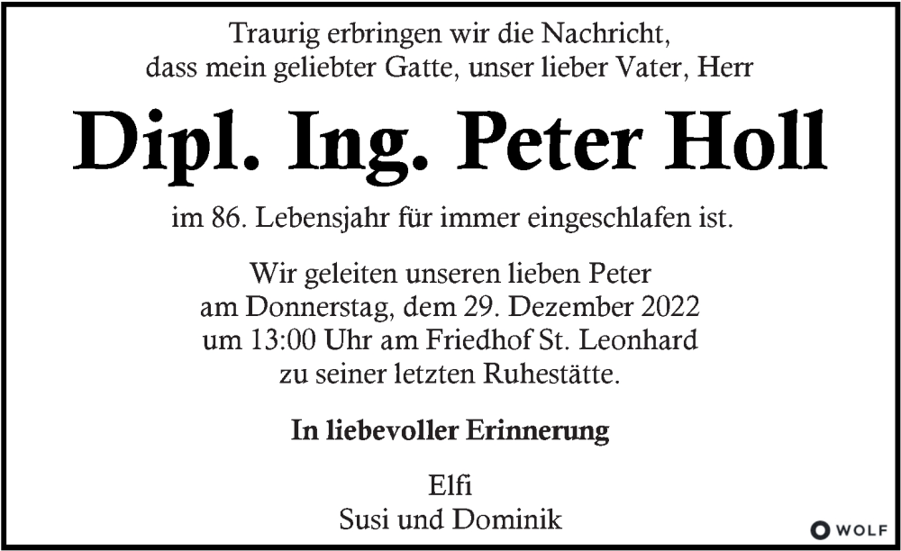  Traueranzeige für Peter Holl vom 25.12.2022 aus Kleine Zeitung