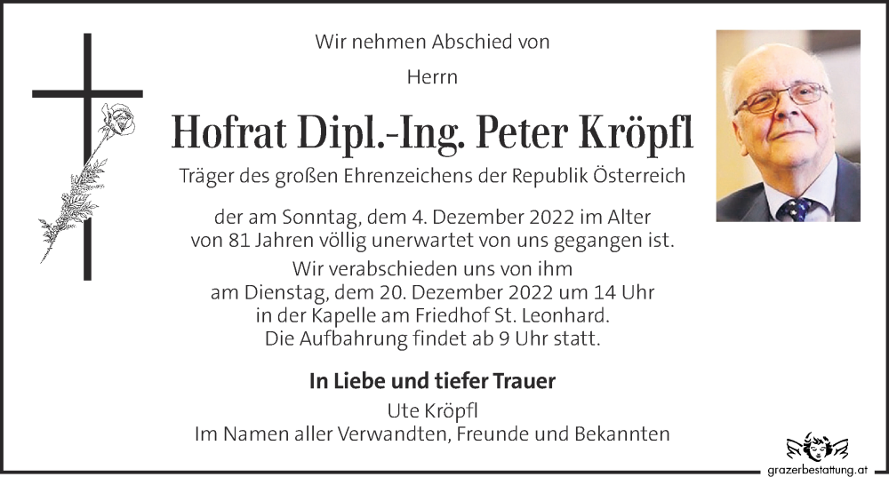  Traueranzeige für Peter Kröpfl vom 17.12.2022 aus Kleine Zeitung