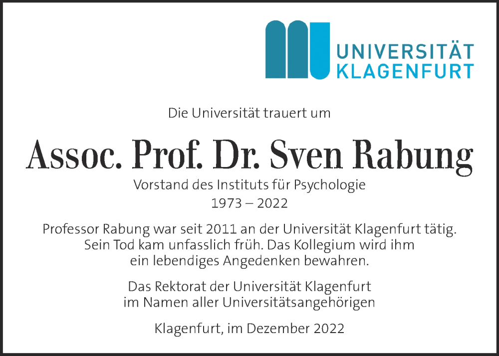  Traueranzeige für Sven Rabung vom 31.12.2022 aus Kleine Zeitung