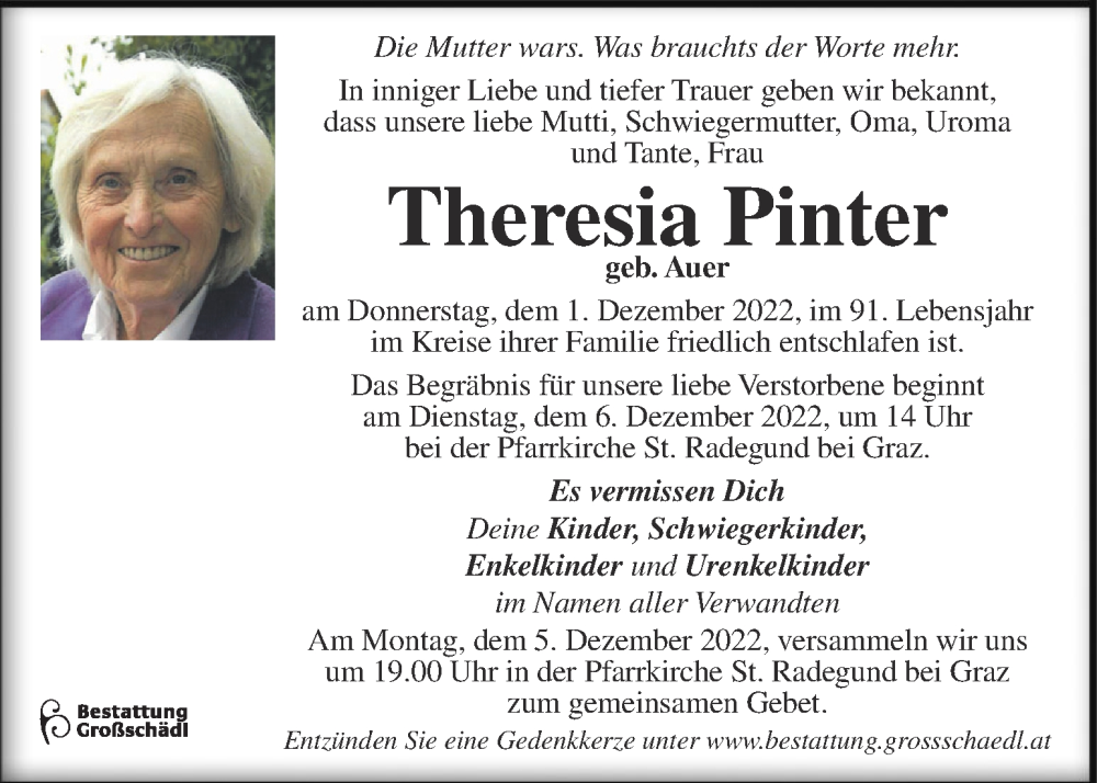  Traueranzeige für Theresia Pinter vom 04.12.2022 aus Kleine Zeitung