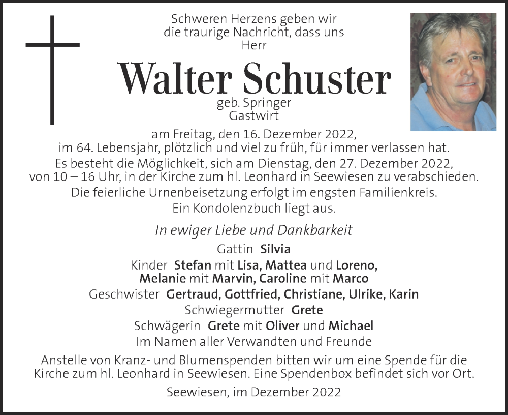  Traueranzeige für Walter Schuster vom 22.12.2022 aus Kleine Zeitung