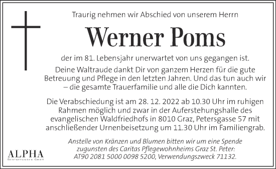 Traueranzeige von Werner Poms von Kleine Zeitung